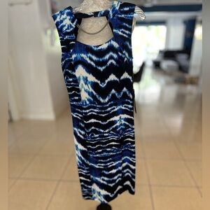 Blue and White Sleeveless Halter Sheath Dress